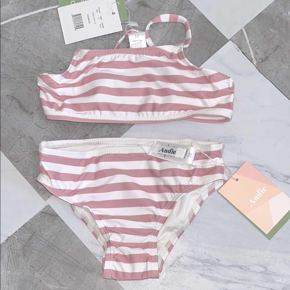 NEW Andie Kids bikini Swim Set in Pink and White Stripes sz 4T